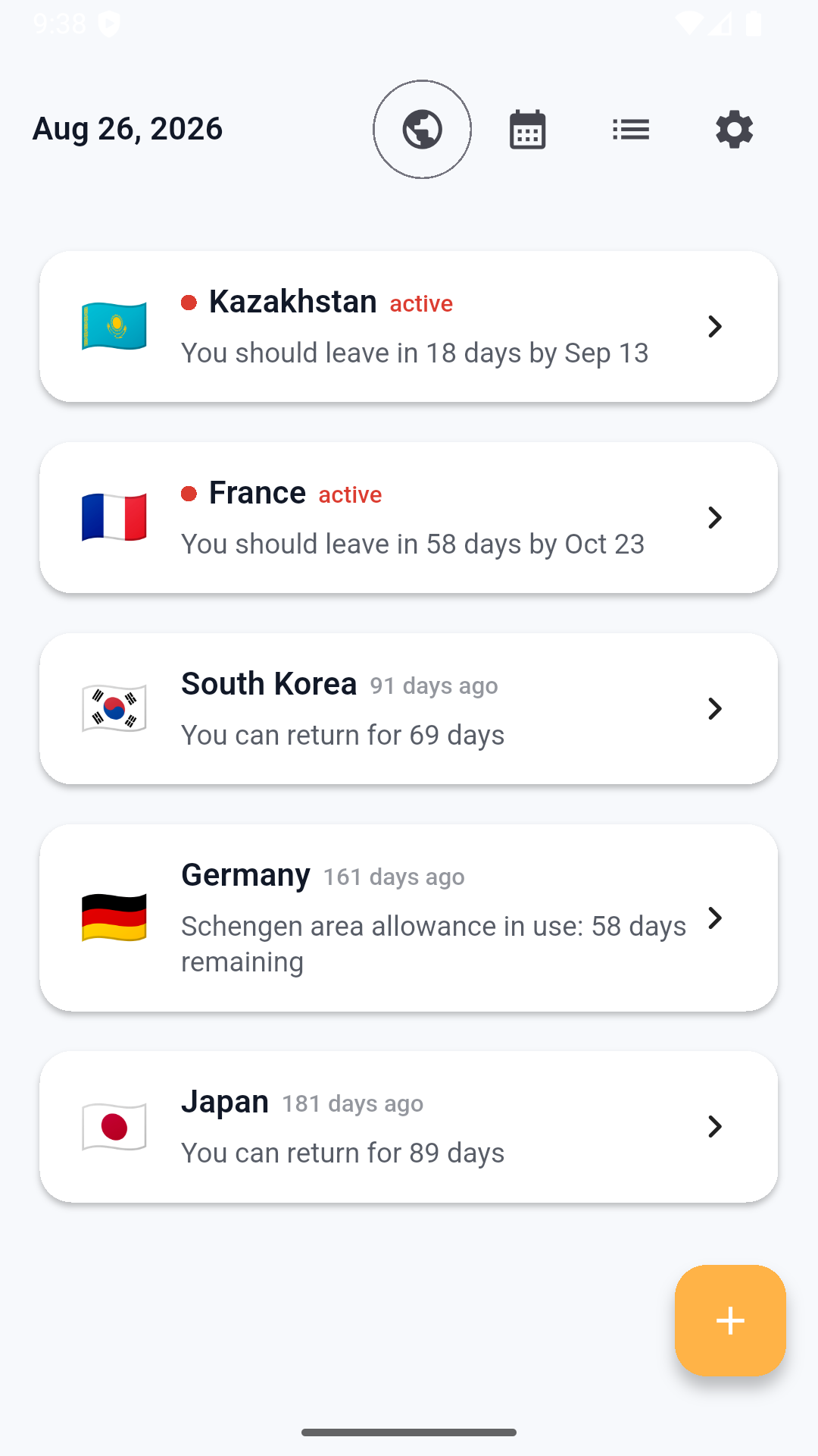 Visa Logger home screen showing active stays and remaining visa days