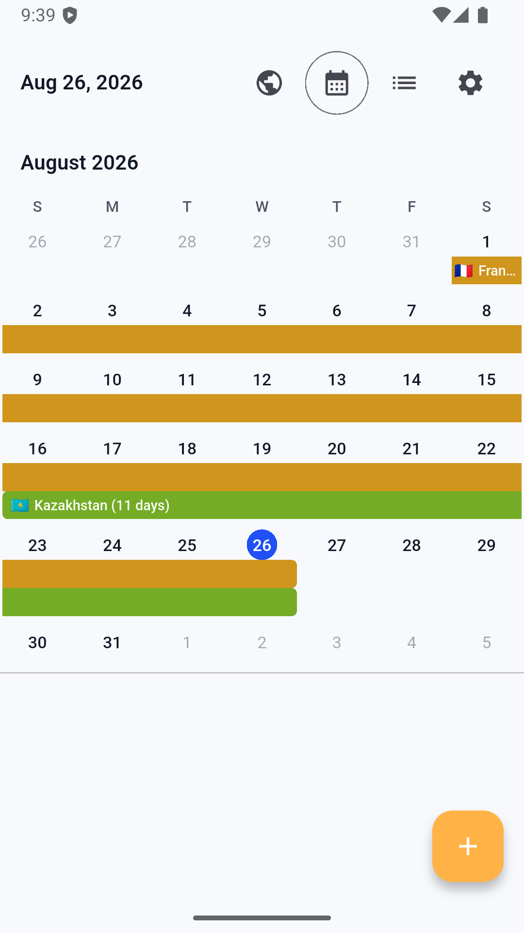 Travel calendar with overlapping stays