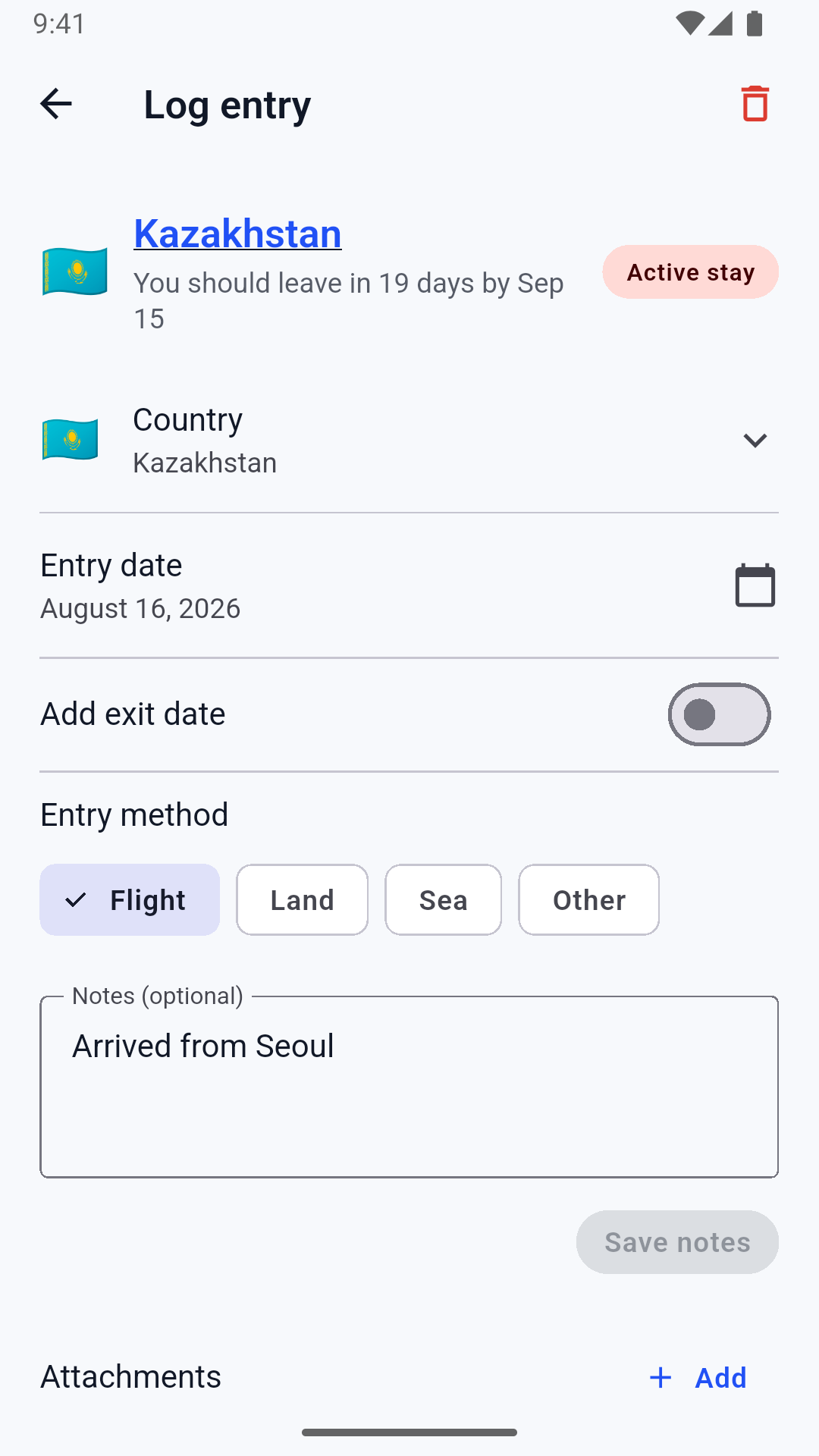 Trip entry with notes and document attachments