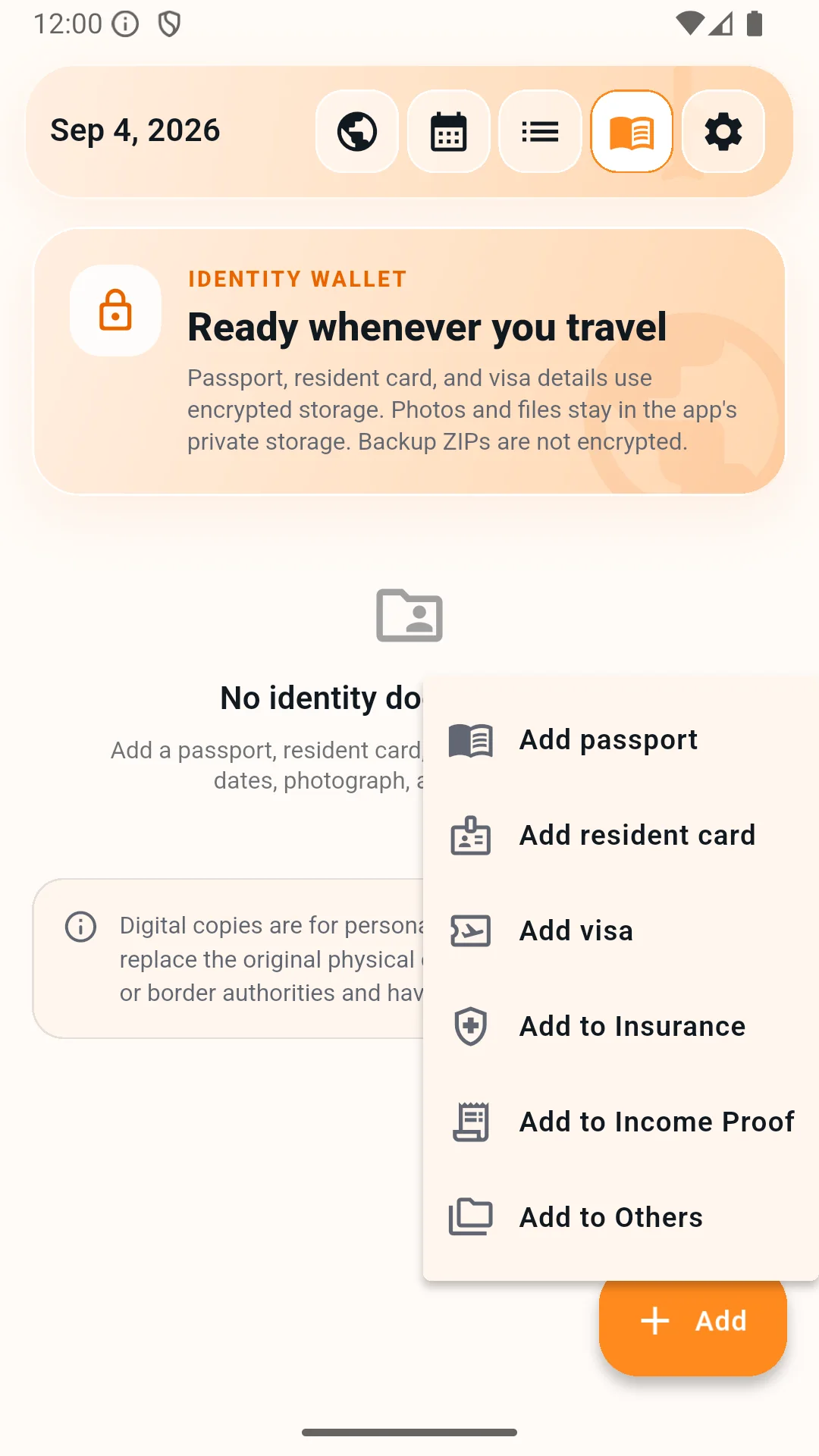 Travel Documents screen with an Add menu for passports, resident cards, visas, insurance, income proof, and other travel files