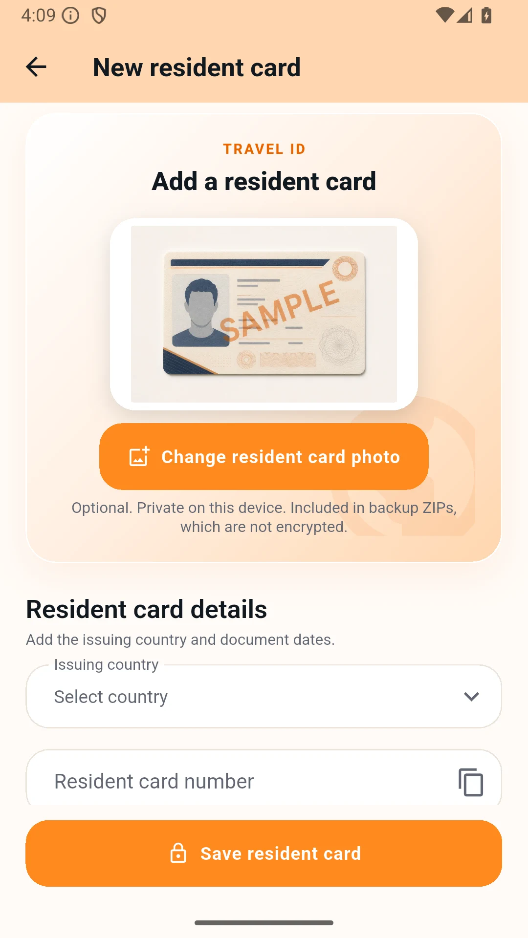 New resident card screen with a fictional sample resident card photo