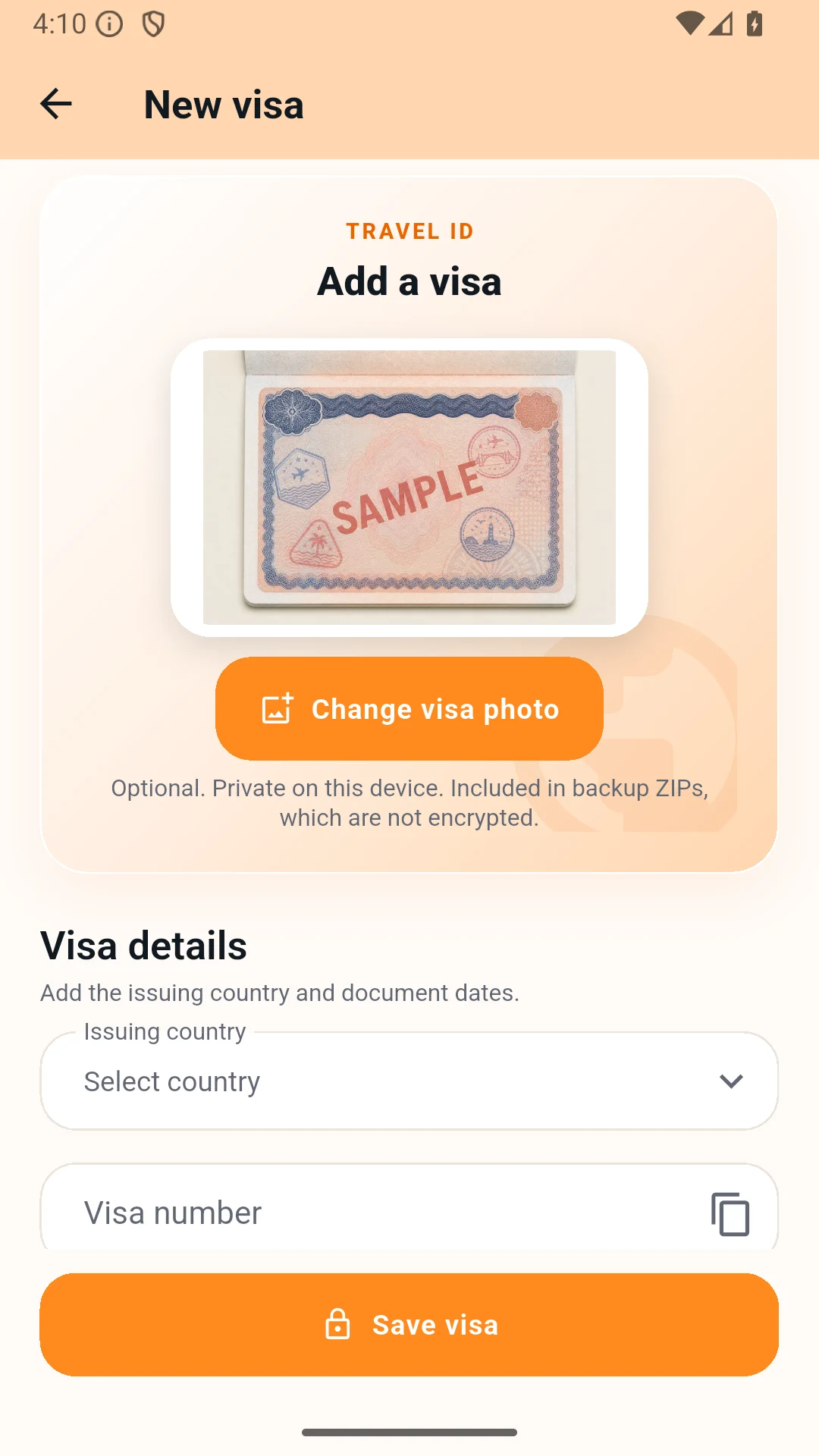 New visa screen with a fictional sample visa page photo