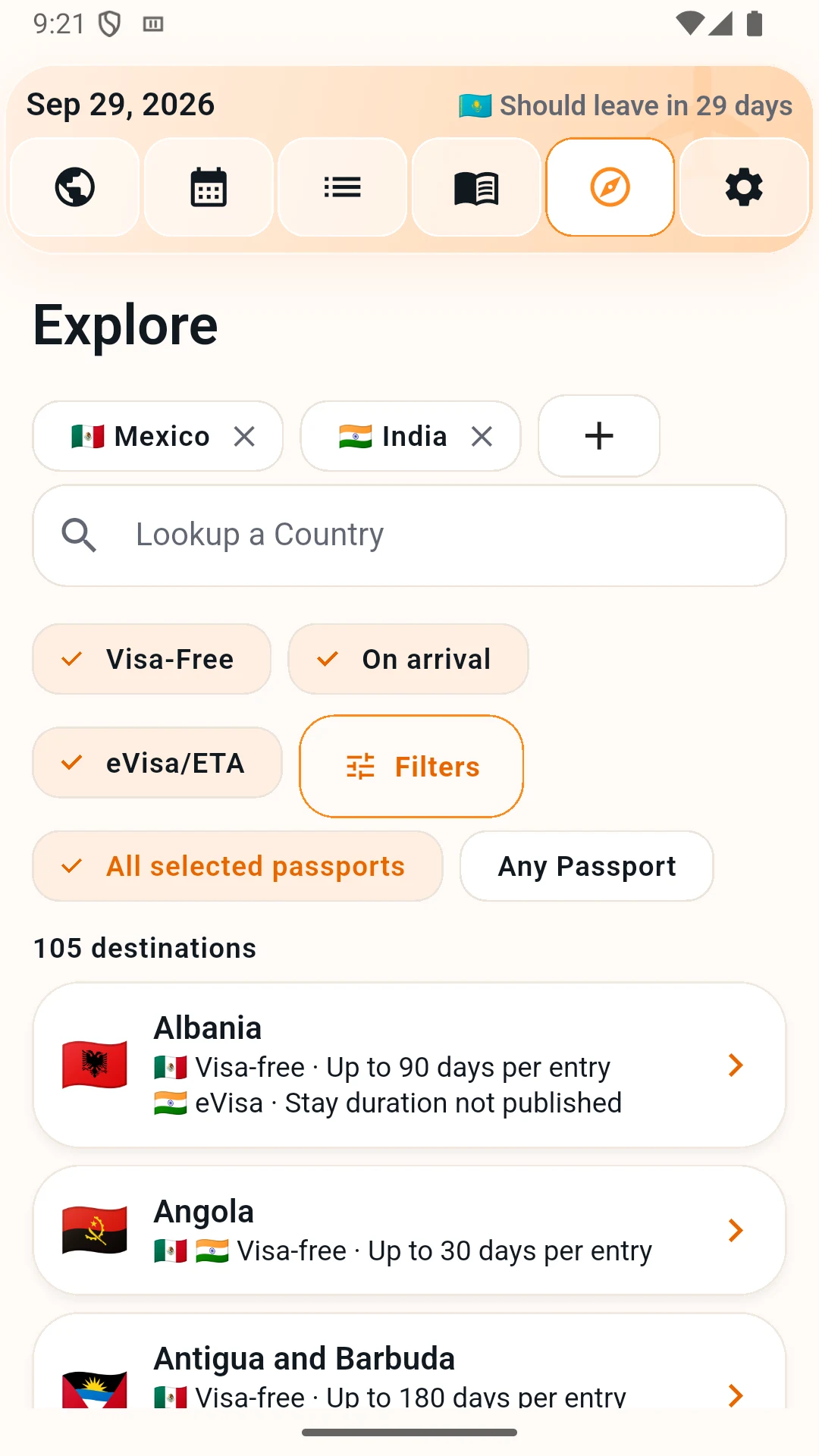Explore screen comparing entry requirements for two passports across 105 destinations