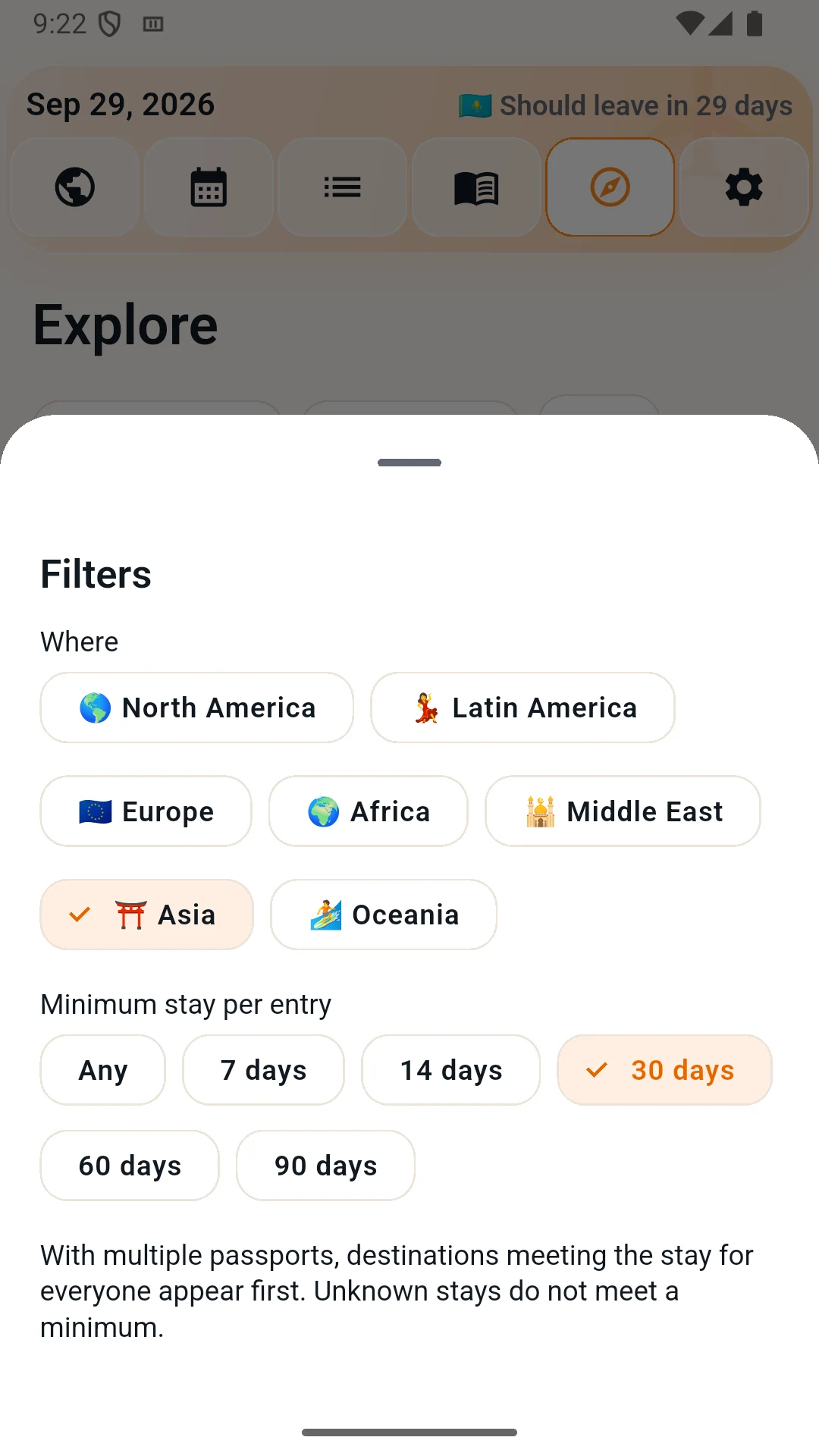 Explore filters with Asia and a 30-day minimum stay selected