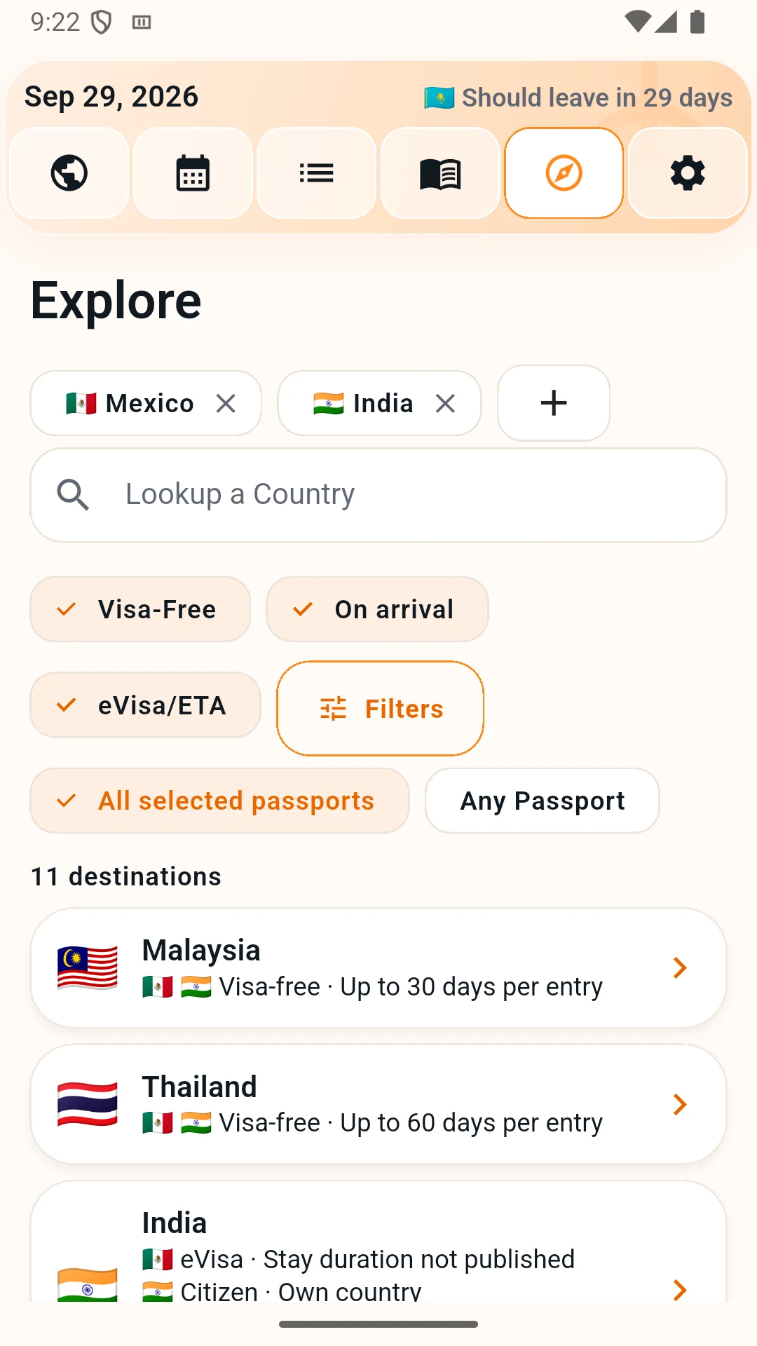 Explore results for Asia showing destinations that allow at least 30 days for both selected passports