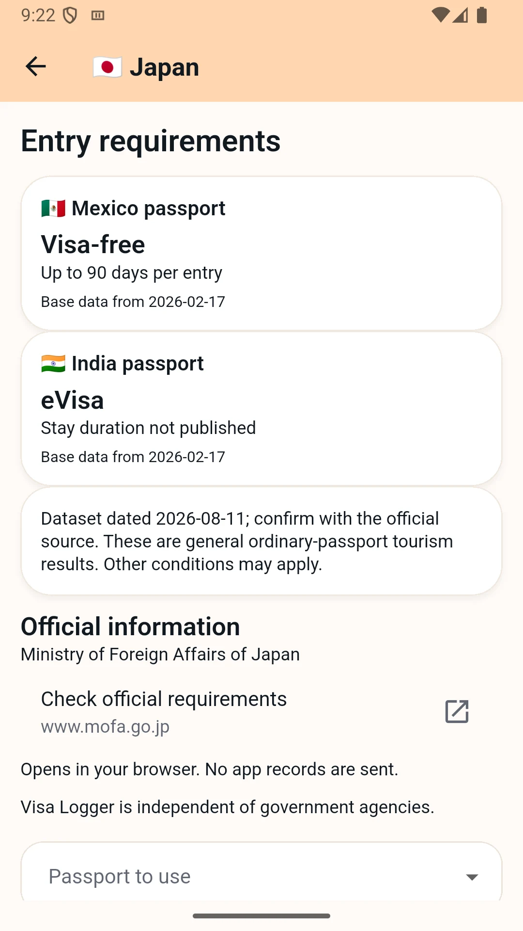 Japan entry requirements for two passports with a link to the Ministry of Foreign Affairs of Japan