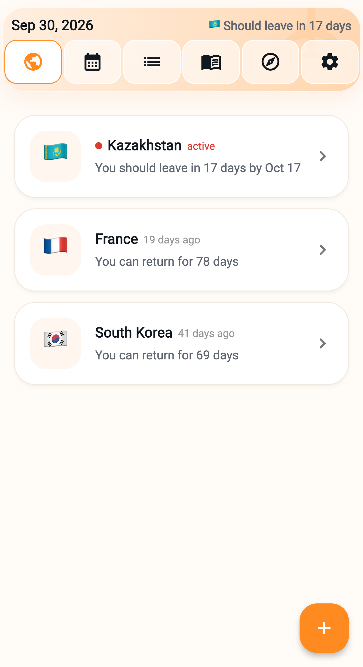 Visa Logger home screen showing active stays and remaining visa days